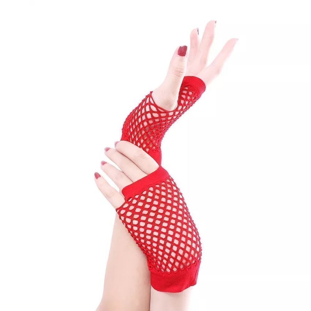 Short Fingerless Fishnet Gloves RED